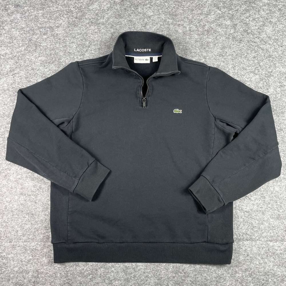 Lacoste Sweatshirt Mens L Black French Terry Cotton Pullover 1/4 Zip Preppy